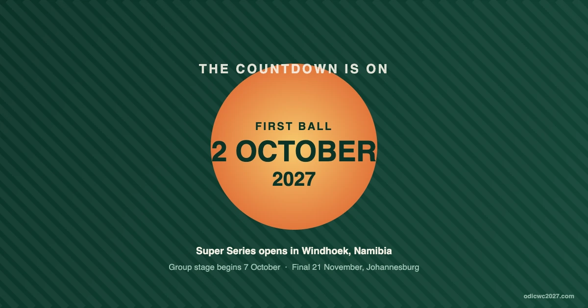 Countdown graphic: the first ball of the ICC Cricket World Cup 2027 is on 2 October 2027 when the Super Series opens in Windhoek, Namibia